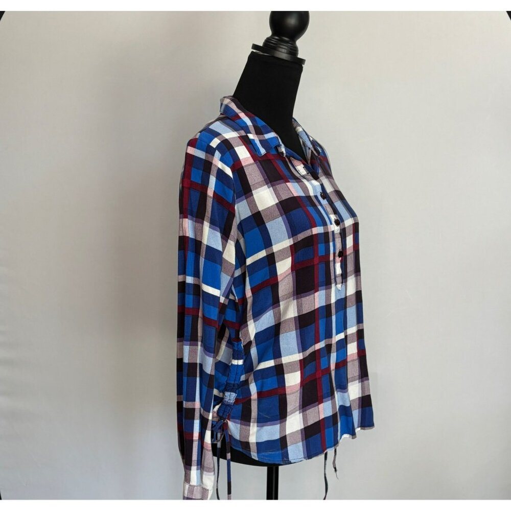 Plaid Long-Sleeve Button-Up Women’s Shirt W/ Side Ties - Size M 100% Rayon